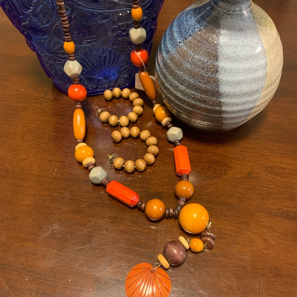 Wood beaded boho colorful 18” Necklace‎ and wood beaded Hoop earrings. - Picture 5 of 5
